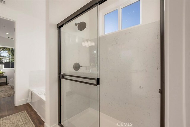 bathroom featuring a wealth of natural light and independent shower and bath