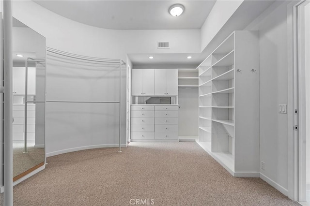 walk in closet featuring light colored carpet