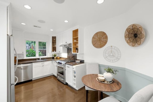 kitchen featuring appliances with stainless steel finishes, sink, white cabinets, and dark hardwood / wood-style floors