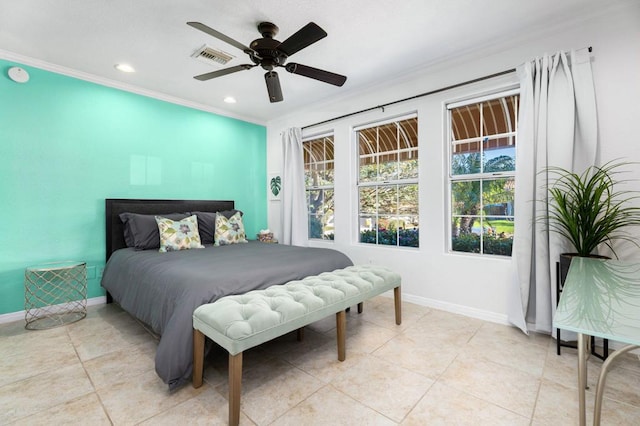 tiled bedroom with crown molding and ceiling fan