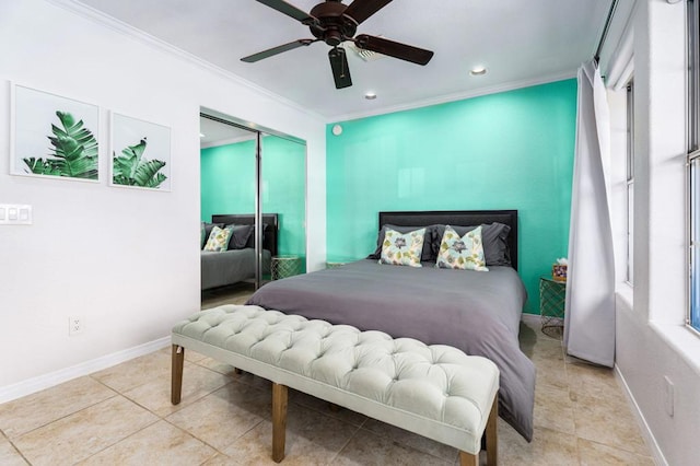 bedroom featuring light tile patterned floors, ornamental molding, a closet, and ceiling fan