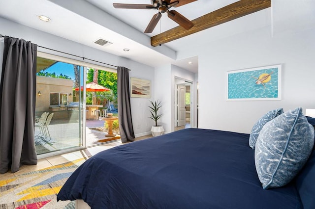 bedroom featuring beamed ceiling, light tile patterned floors, and access to outside