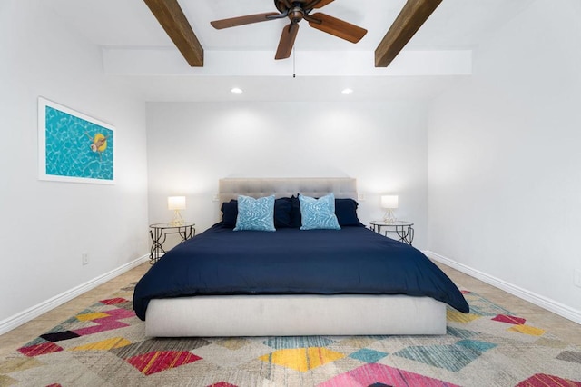 bedroom featuring ceiling fan and beam ceiling