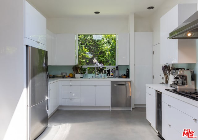 kitchen with white cabinetry, appliances with stainless steel finishes, sink, and wall chimney exhaust hood