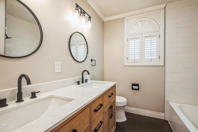 full bathroom with bathtub / shower combination, tile patterned flooring, ornamental molding, vanity, and toilet