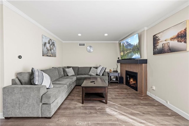 living room with crown molding and wood-type flooring