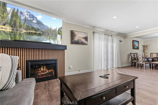 living room with a water and mountain view, ornamental molding, and wood-type flooring