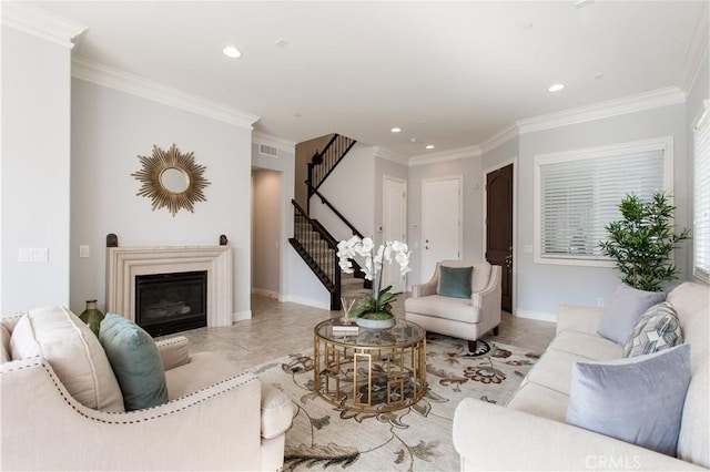 living room featuring crown molding