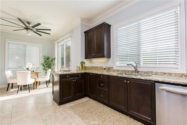 kitchen featuring sink, stainless steel dishwasher, light tile patterned floors, kitchen peninsula, and crown molding