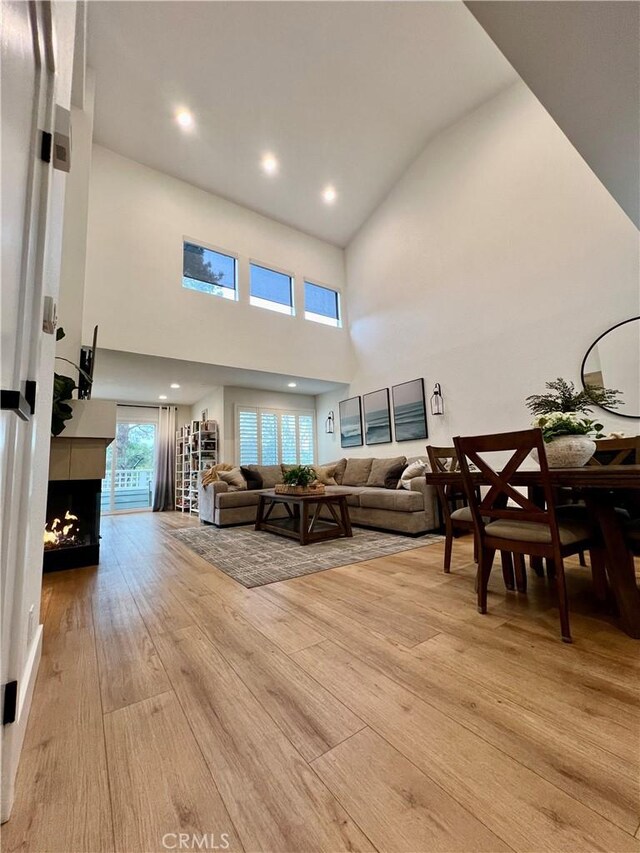 living room featuring light hardwood / wood-style floors and a high ceiling