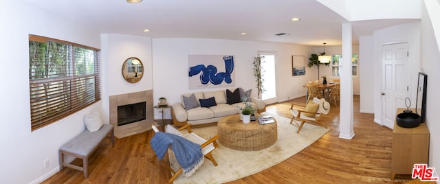 living room with a fireplace, wood-type flooring, and a healthy amount of sunlight