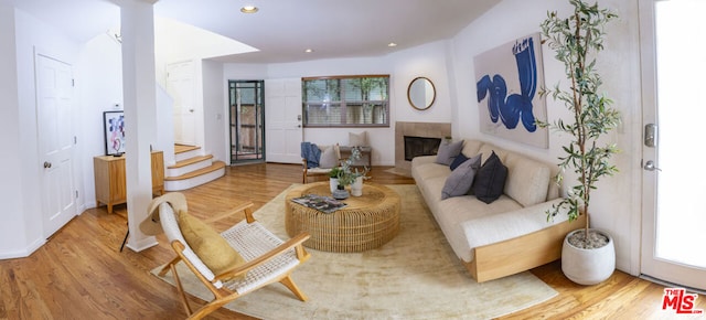 living room featuring a tiled fireplace and hardwood / wood-style flooring