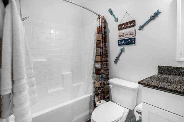 full bathroom with shower / bathtub combination with curtain, vanity, and toilet