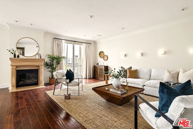 living room with ornamental molding and dark hardwood / wood-style flooring