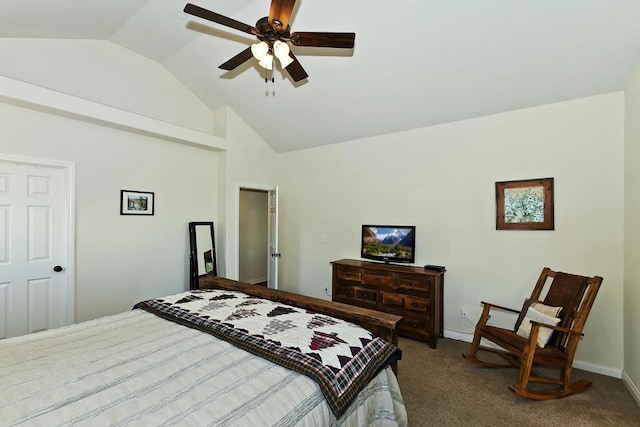 bedroom with vaulted ceiling, carpet, and ceiling fan