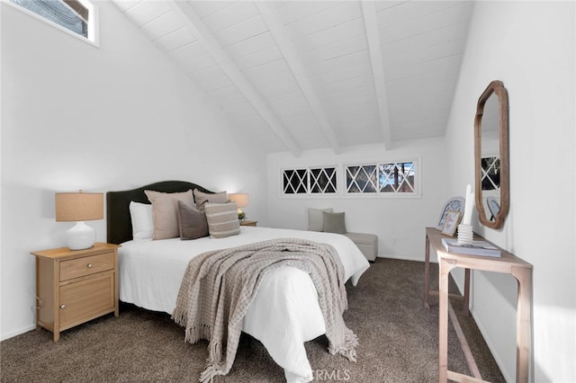 carpeted bedroom with vaulted ceiling with beams