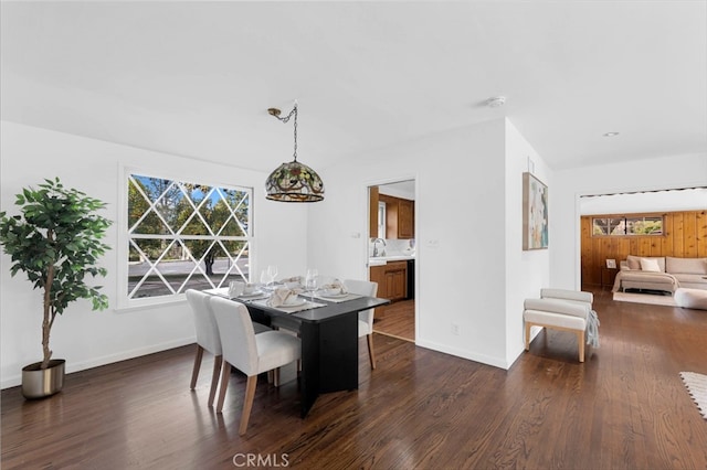 dining area with dark hardwood / wood-style flooring and sink