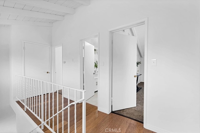 hall featuring beamed ceiling, hardwood / wood-style floors, and wooden ceiling