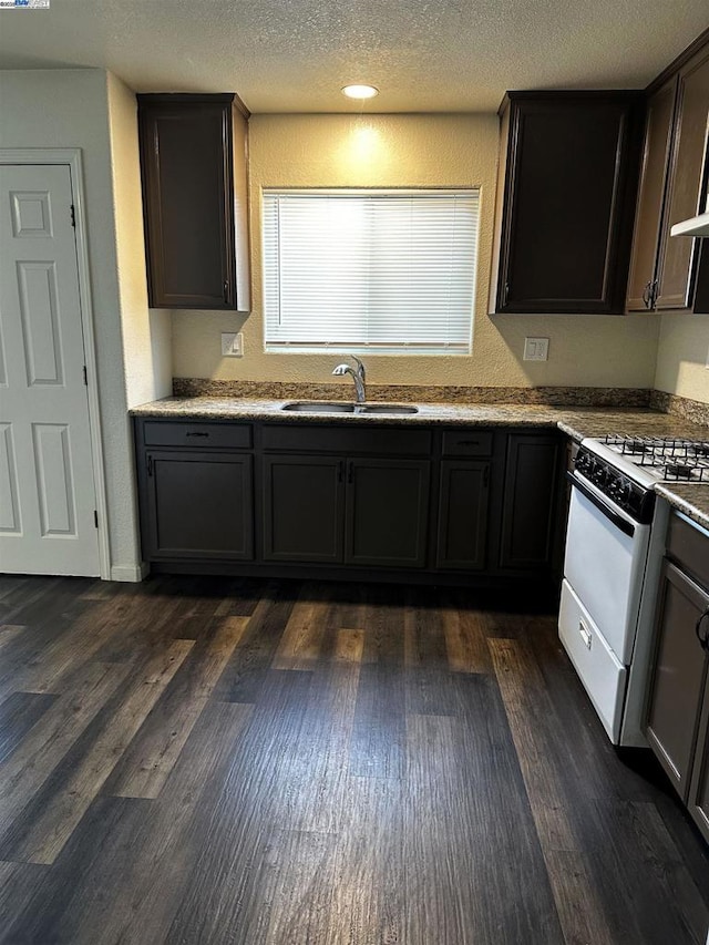 kitchen featuring white gas stove, sink, dark brown cabinets, a textured ceiling, and dark hardwood / wood-style flooring