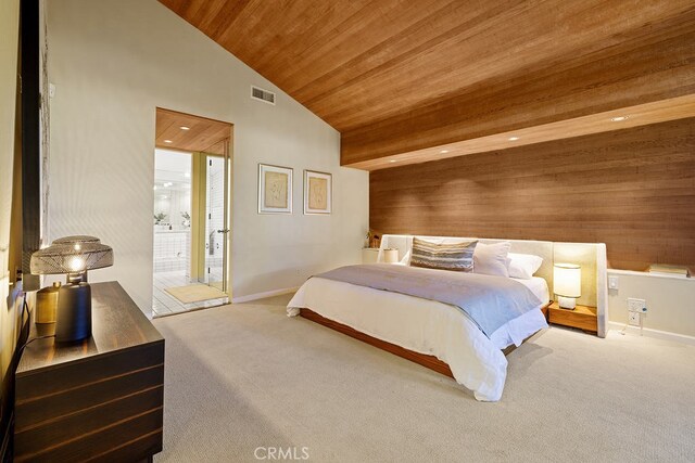 bedroom with high vaulted ceiling, light colored carpet, wooden ceiling, and wooden walls