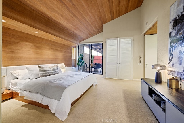 bedroom featuring high vaulted ceiling, wood walls, light colored carpet, access to exterior, and wooden ceiling