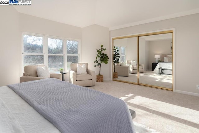 carpeted bedroom featuring vaulted ceiling and a closet