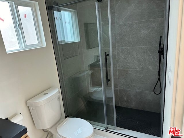 bathroom featuring a shower with door, vanity, and toilet