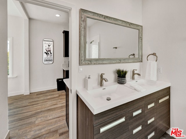 bathroom with wood-type flooring and vanity