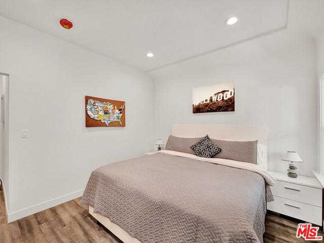 bedroom with wood-type flooring