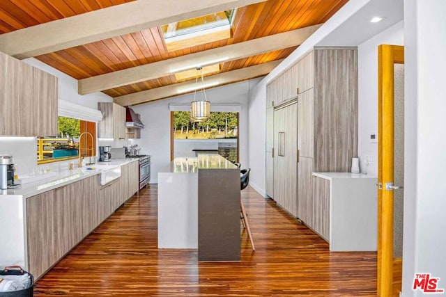 kitchen with lofted ceiling with skylight, wood-type flooring, hanging light fixtures, high end stainless steel range, and wall chimney exhaust hood