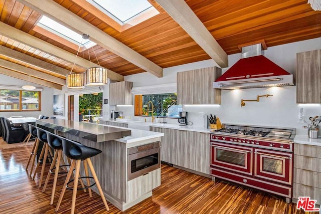 kitchen with lofted ceiling with skylight, wood ceiling, appliances with stainless steel finishes, dark hardwood / wood-style floors, and range hood