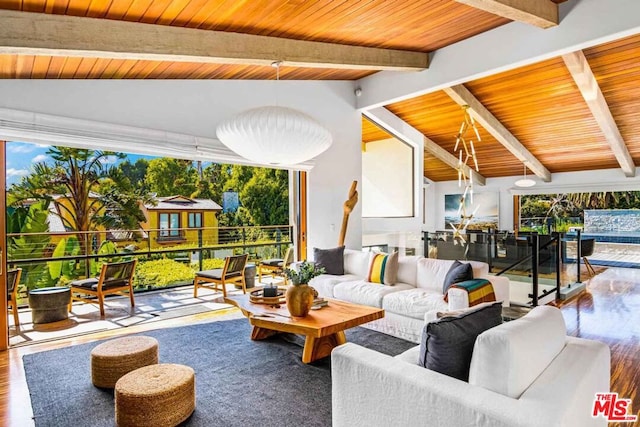 living room featuring hardwood / wood-style flooring, wood ceiling, floor to ceiling windows, and lofted ceiling with beams