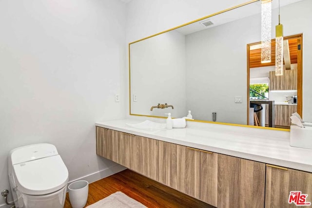 bathroom with vanity, wood-type flooring, and toilet