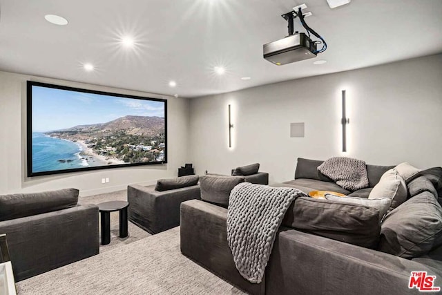 home theater room with light carpet