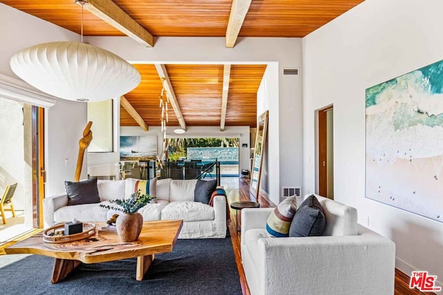 living room featuring beam ceiling and wooden ceiling