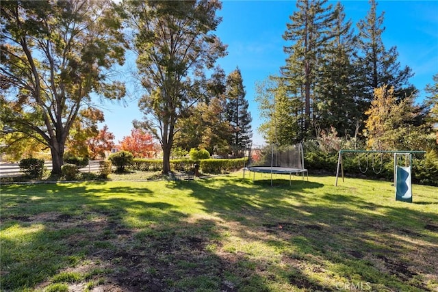 view of yard featuring a trampoline and a playground