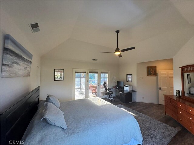 bedroom with lofted ceiling, dark wood-style floors, access to outside, and visible vents