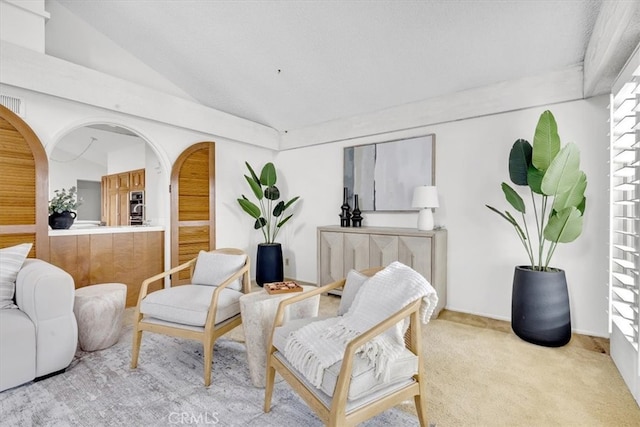 sitting room featuring light colored carpet and vaulted ceiling