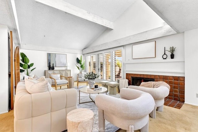 carpeted living room with a fireplace, a textured ceiling, and vaulted ceiling with beams