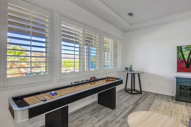 rec room with light hardwood / wood-style floors