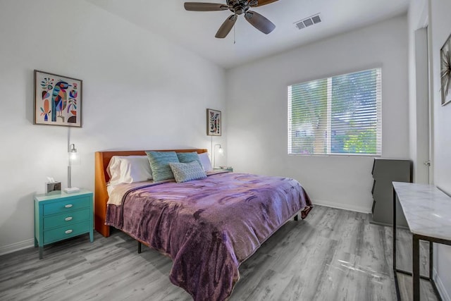 bedroom featuring ceiling fan and light hardwood / wood-style flooring