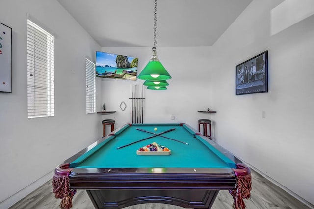 playroom with billiards and light hardwood / wood-style flooring