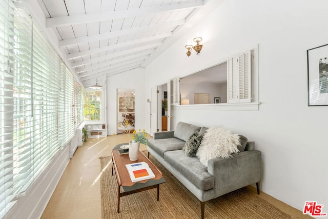 sunroom with vaulted ceiling with beams and wood ceiling