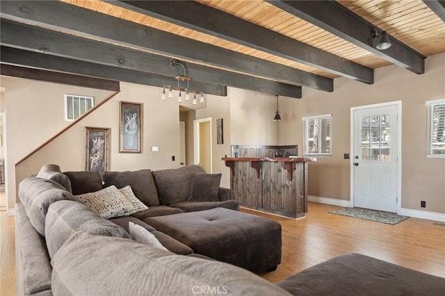 living room featuring wood ceiling, light hardwood / wood-style floors, and beamed ceiling