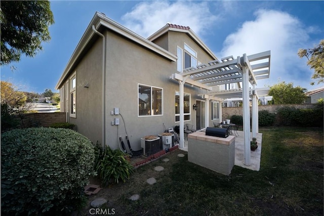 back of property with cooling unit and a pergola