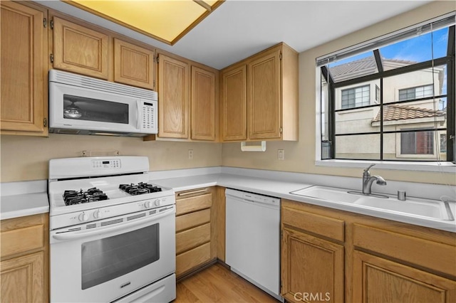 kitchen with sink, white appliances, and light wood-type flooring