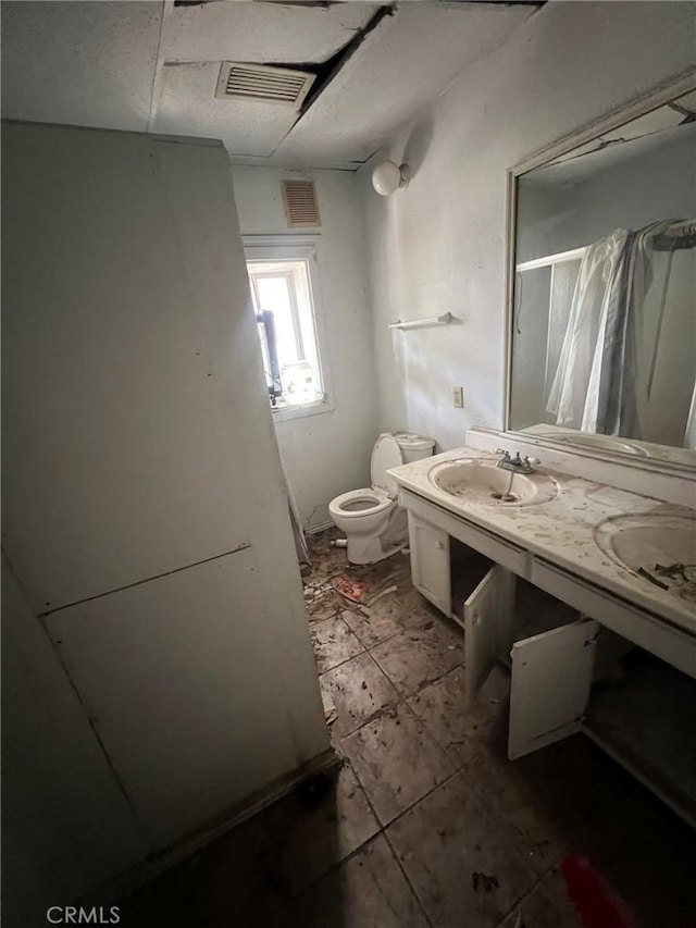 bathroom featuring vanity, toilet, and a shower with shower curtain