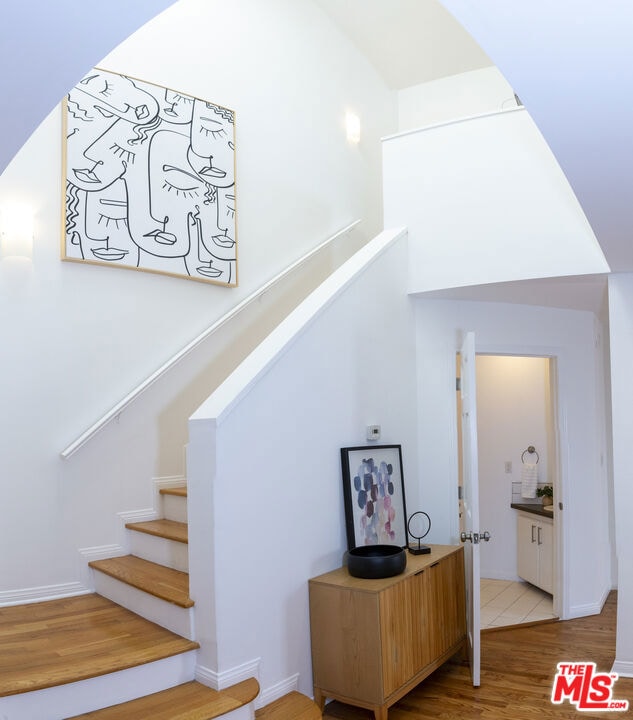 stairway featuring wood-type flooring