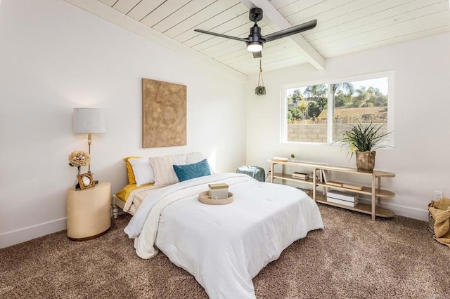 bedroom with ceiling fan, carpet floors, wood ceiling, and beam ceiling