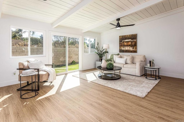 sunroom featuring wood ceiling, ceiling fan, and lofted ceiling with beams